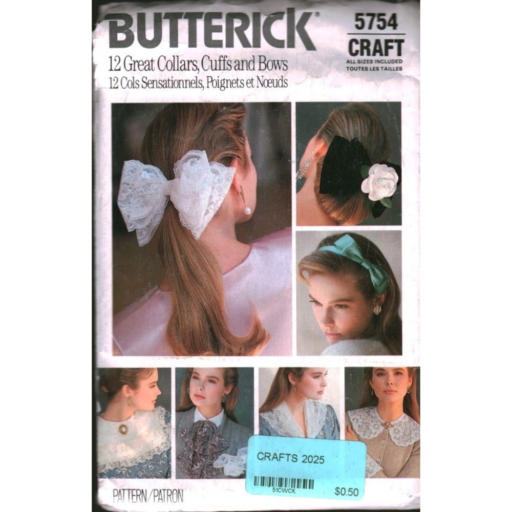 Butterick 5754 Sewing Pattern Collars Cuffs Bows Hair‎ Accessories Vintage Craft